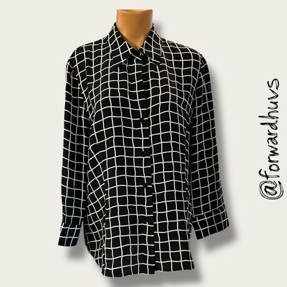 Ellen Tracy Silk Button-Up Shirt – Black & White Grid – Size 14 - Picture 1 of 9